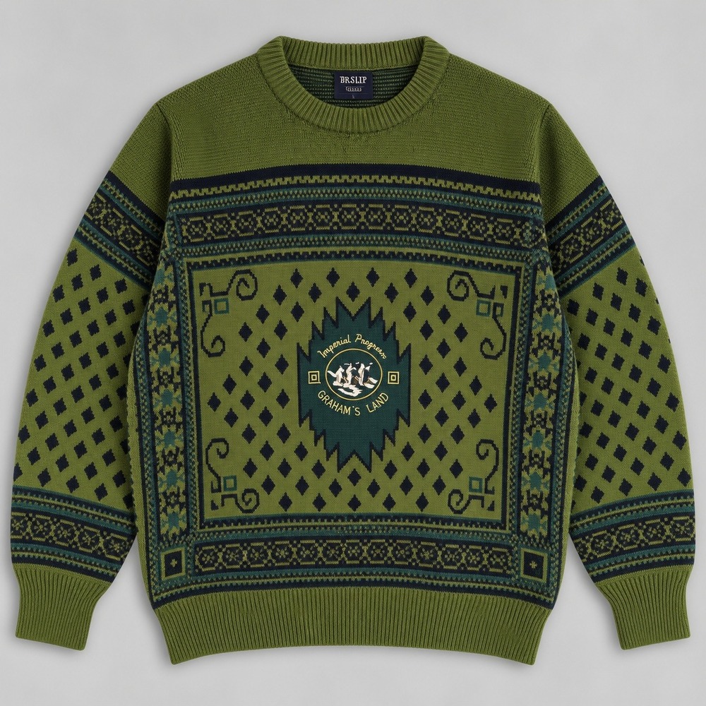Vintage Orsur Imperial Penguin Graham's Land Green Knit Sweater Geometric 90s